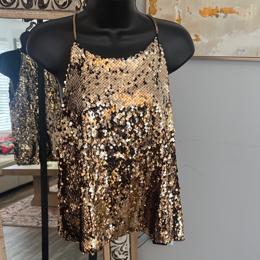 Gold Sequin Chain-Strap Cami Tank Top